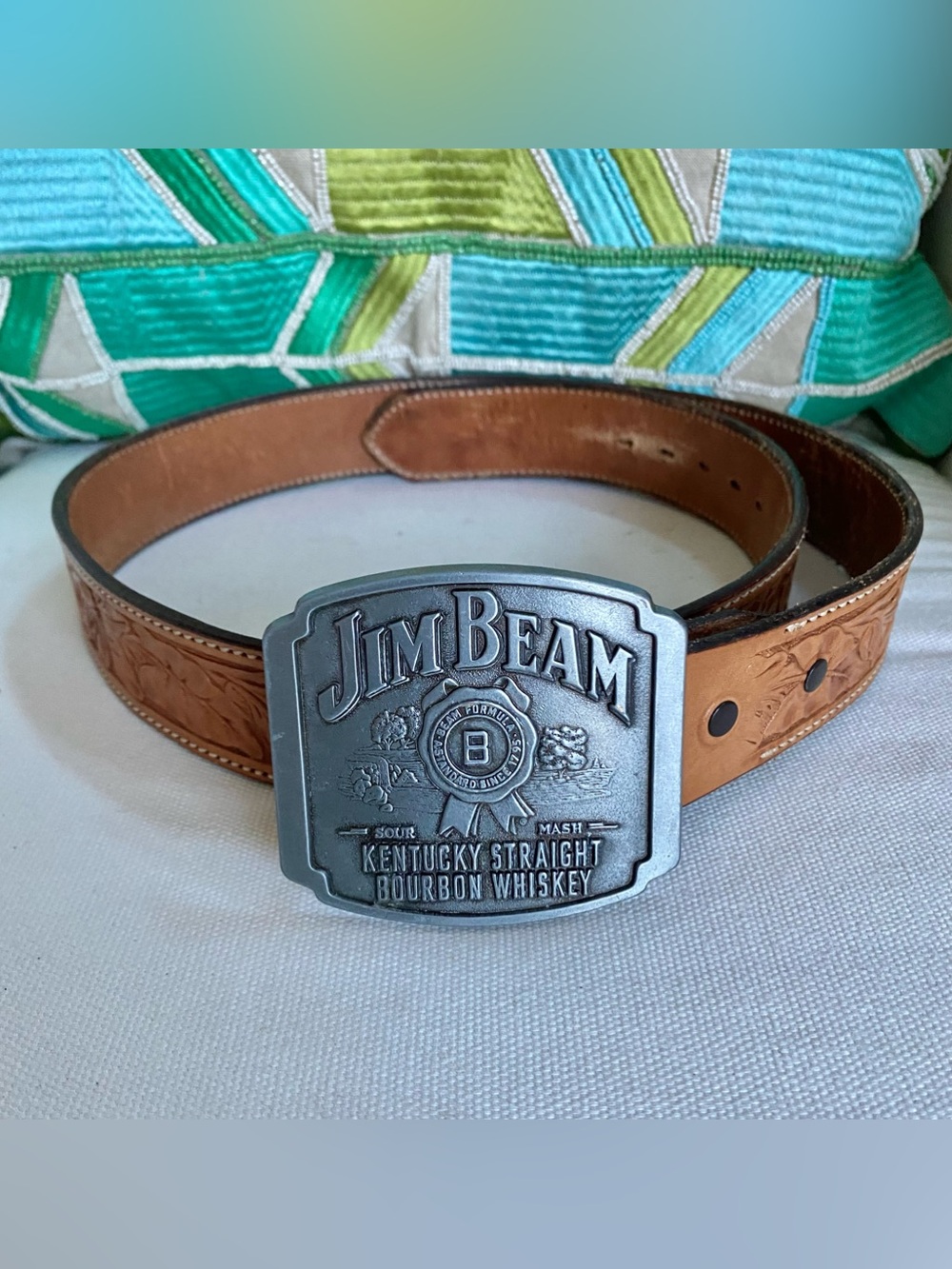 VTG Jim Beam Bourbon Buckle 2008 Collector's Edition w Tooled Leather Belt 36